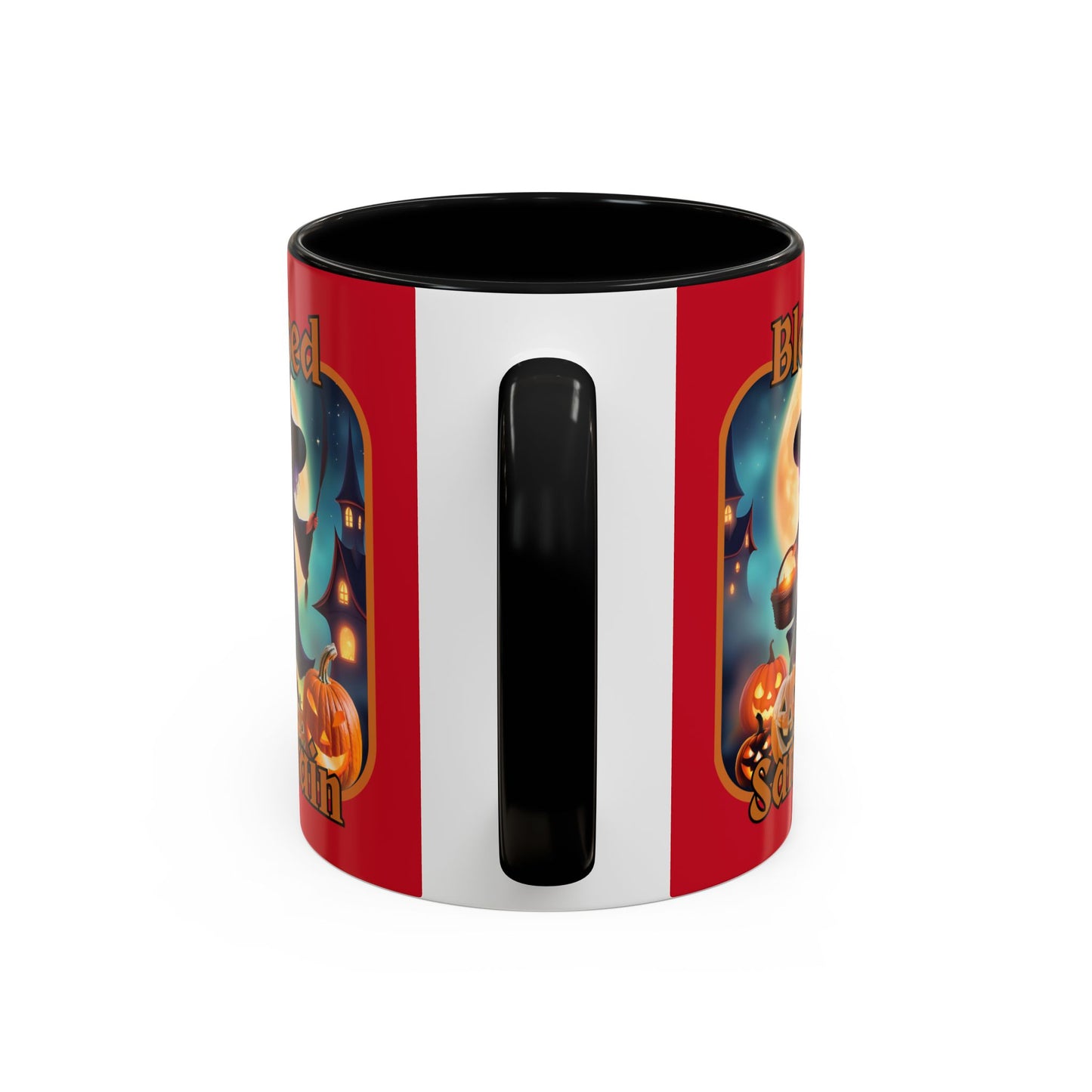 Blessed Samhain Little Witch Orange font Red Accent Mug by CreepyCrafts.boo