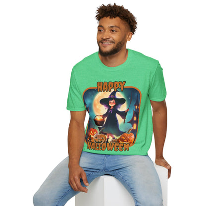 Happy Halloween Little Witch Orange font, Dark colors, Unisex T-Shirt by CreepyCrafts.boo