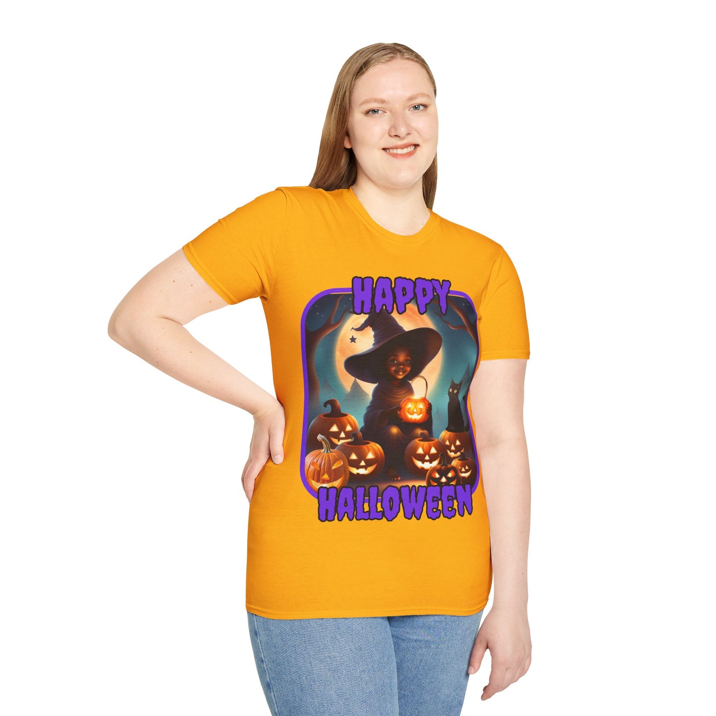 Happy Halloween Cute Witch Purple font Light colors Unisex T-Shirt by CreepyCrafts.boo