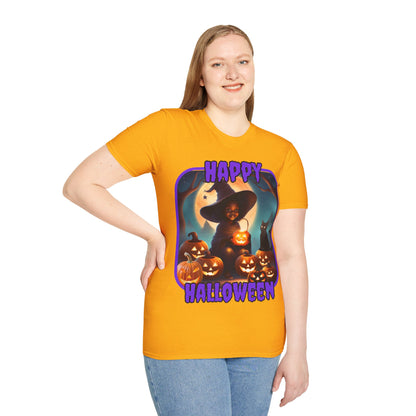 Happy Halloween Cute Witch Purple font Light colors Unisex T-Shirt by CreepyCrafts.boo