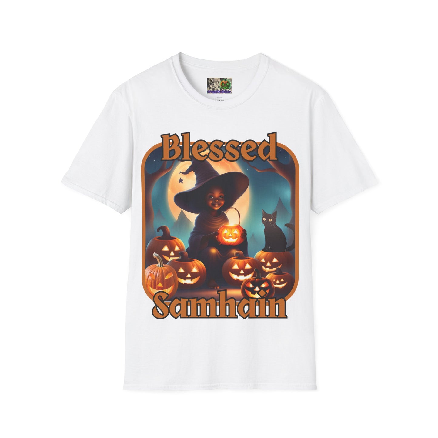 Blessed Samhain Cute Witch Orange font Light colors Unisex T-Shirt by CreepyCrafts.boo