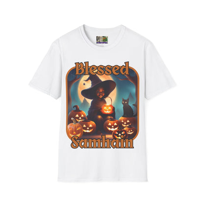 Blessed Samhain Cute Witch Orange font Light colors Unisex T-Shirt by CreepyCrafts.boo