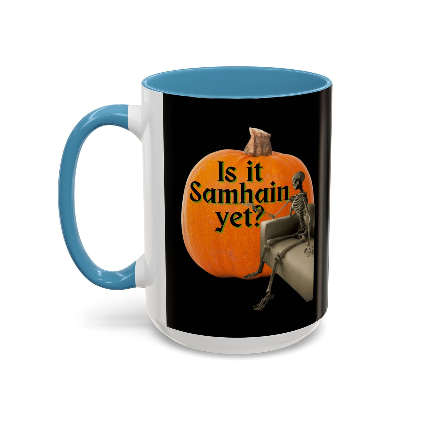 Is It Samhain Yet? Skeleton's Giant Pumpkin Black Accent Mug by CreepyCrafts.boo