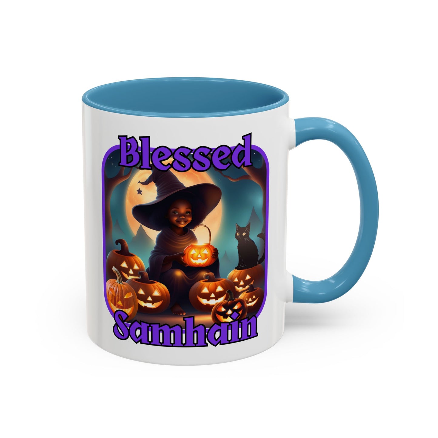 Blessed Samhain Cute Witch Purple font White Accent Mug by CreepyCrafts.boo