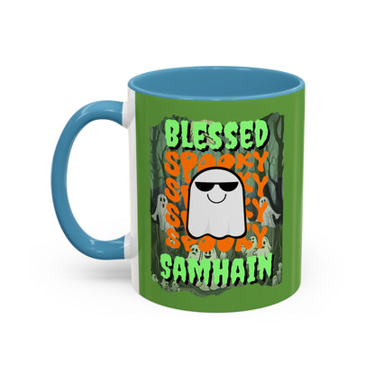 Spooky Blessed Samhain Ghost Green font Accent Mug by CreepyCrafts.boo