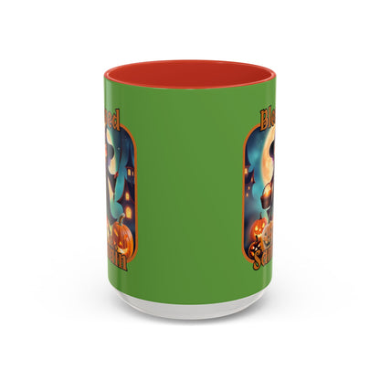 Blessed Samhain Little Witch Orange font Green Accent Mug by CreepyCrafts.boo