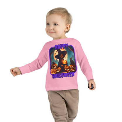 Happy Halloween Cute Witch Purple font Toddler Long Sleeve Tee by CreepyCrafts.boo