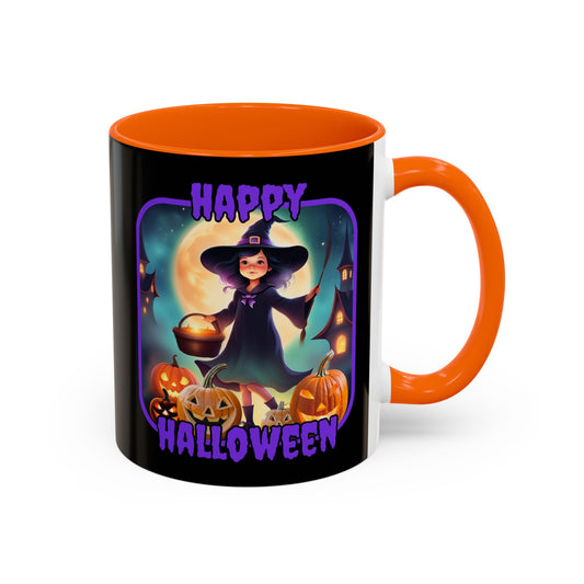 Happy Halloween Little Witch Purple font Black Accent Mug by CreepyCrafts.boo
