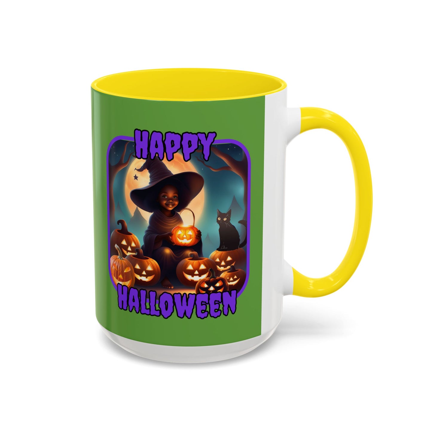 Happy Halloween Cute Witch Purple font Green Accent Mug by CreepyCrafts.boo