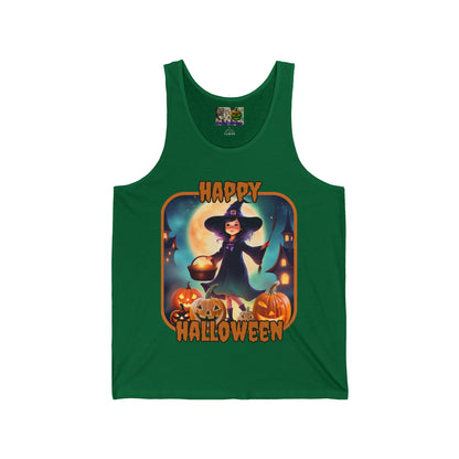 Happy Halloween Little Witch Orange font Unisex Jersey Tank Top by CreepyCrafts.boo