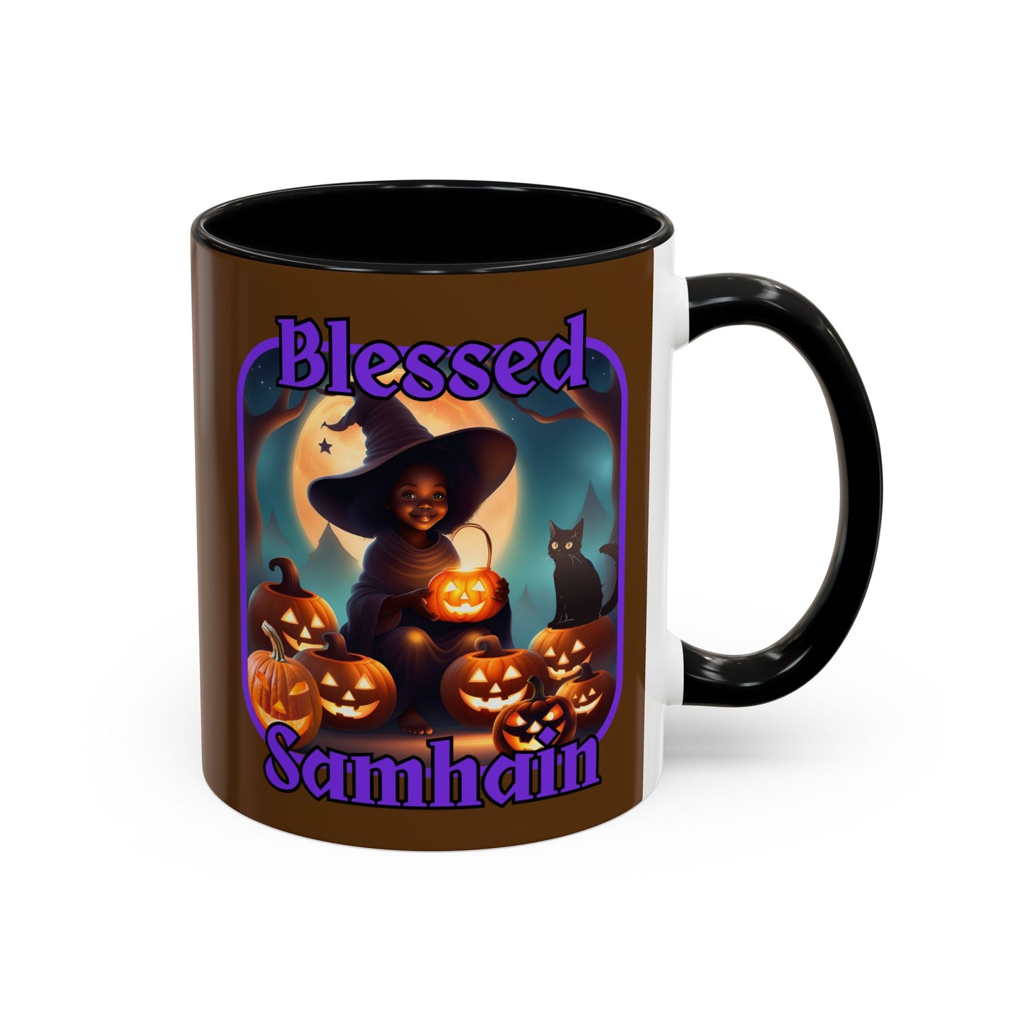 Blessed Samhain Cute Witch Purple font Brown Accent Mug by CreepyCrafts.boo