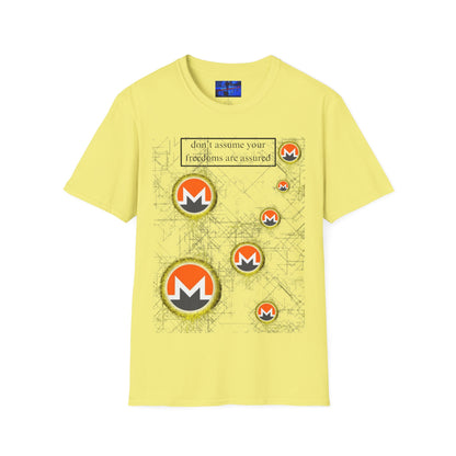 Monero (XMR) don't assume your freedoms are assured Light colors Unisex T-Shirt by cypherpunkgear.com