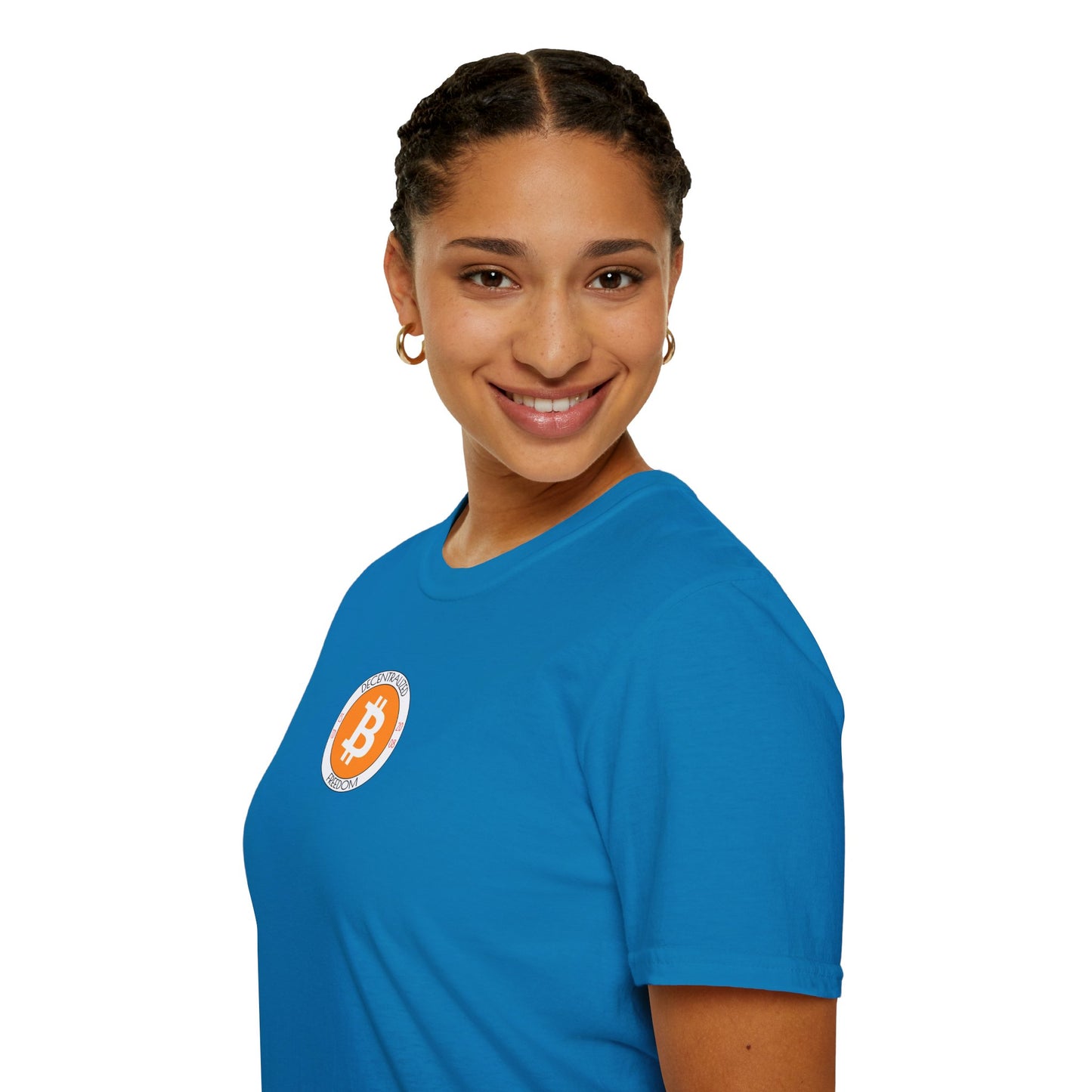 2-sided, Bitcoin (BTC) Decentralized Freedom Dark colors Unisex T-Shirt by cypherpunkgear.com