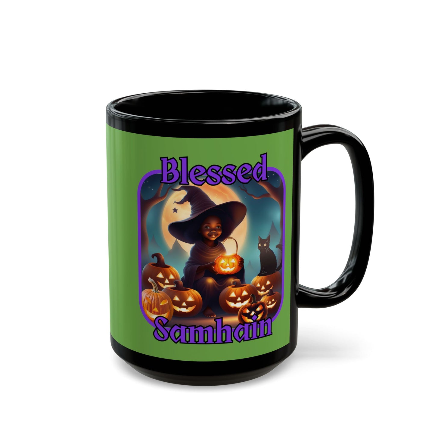 Blessed Samhain Cute Witch Purple font Green Mug by CreepyCrafts.boo