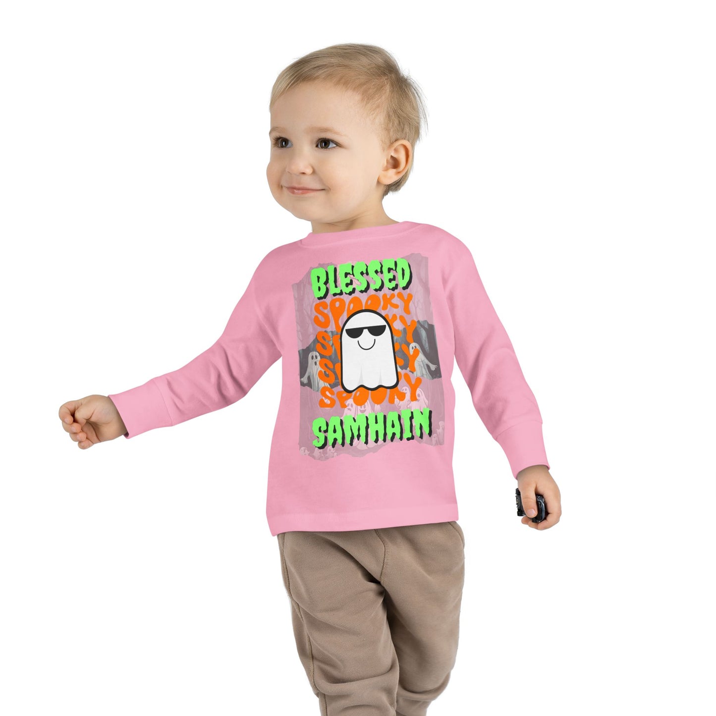 Spooky Blessed Samhain Ghost Green font Toddler Long Sleeve Tee by CreepyCrafts.boo