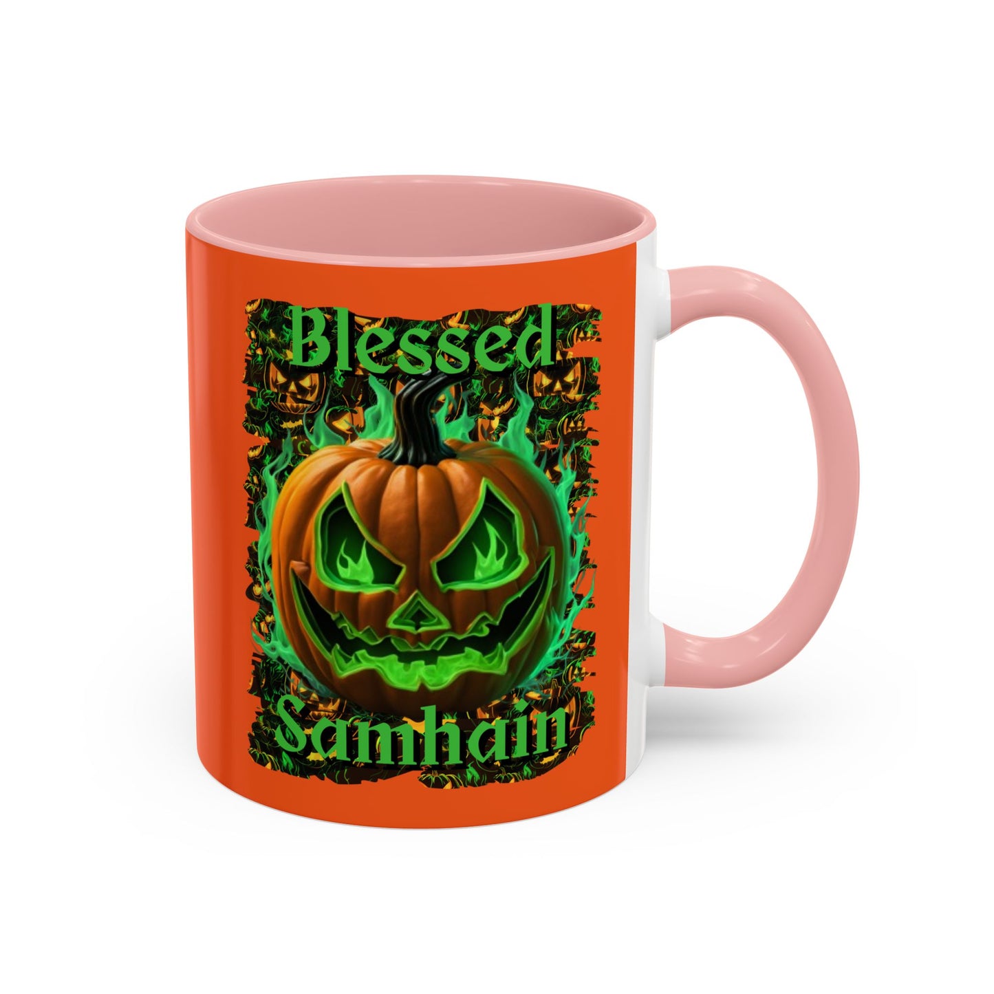 Blessed Samhain Green Jack Orange Accent Mug by CreepyCrafts.boo