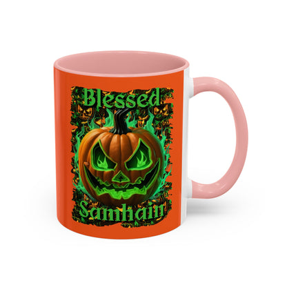 Blessed Samhain Green Jack Orange Accent Mug by CreepyCrafts.boo