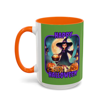 Happy Halloween Little Witch Purple font Green Accent Mug by CreepyCrafts.boo