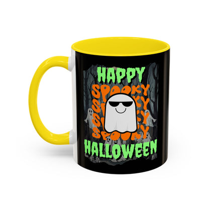 Spooky Happy Halloween Ghost Green font Black Accent Mug by CreepyCrafts.boo