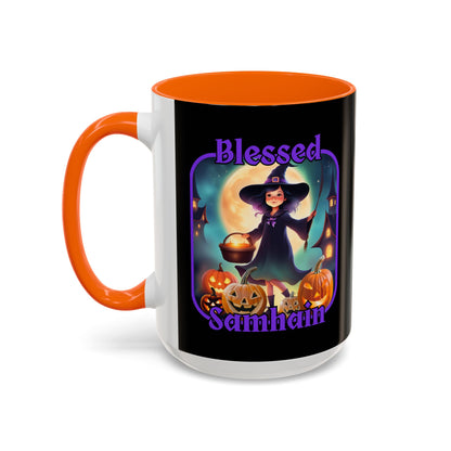 Blessed Samhain Little Witch Purple font Black Accent Mug by CreepyCrafts.boo