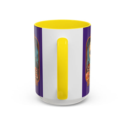 Happy Halloween Cute Witch Orange font Purple Accent Mug by CreepyCrafts.boo