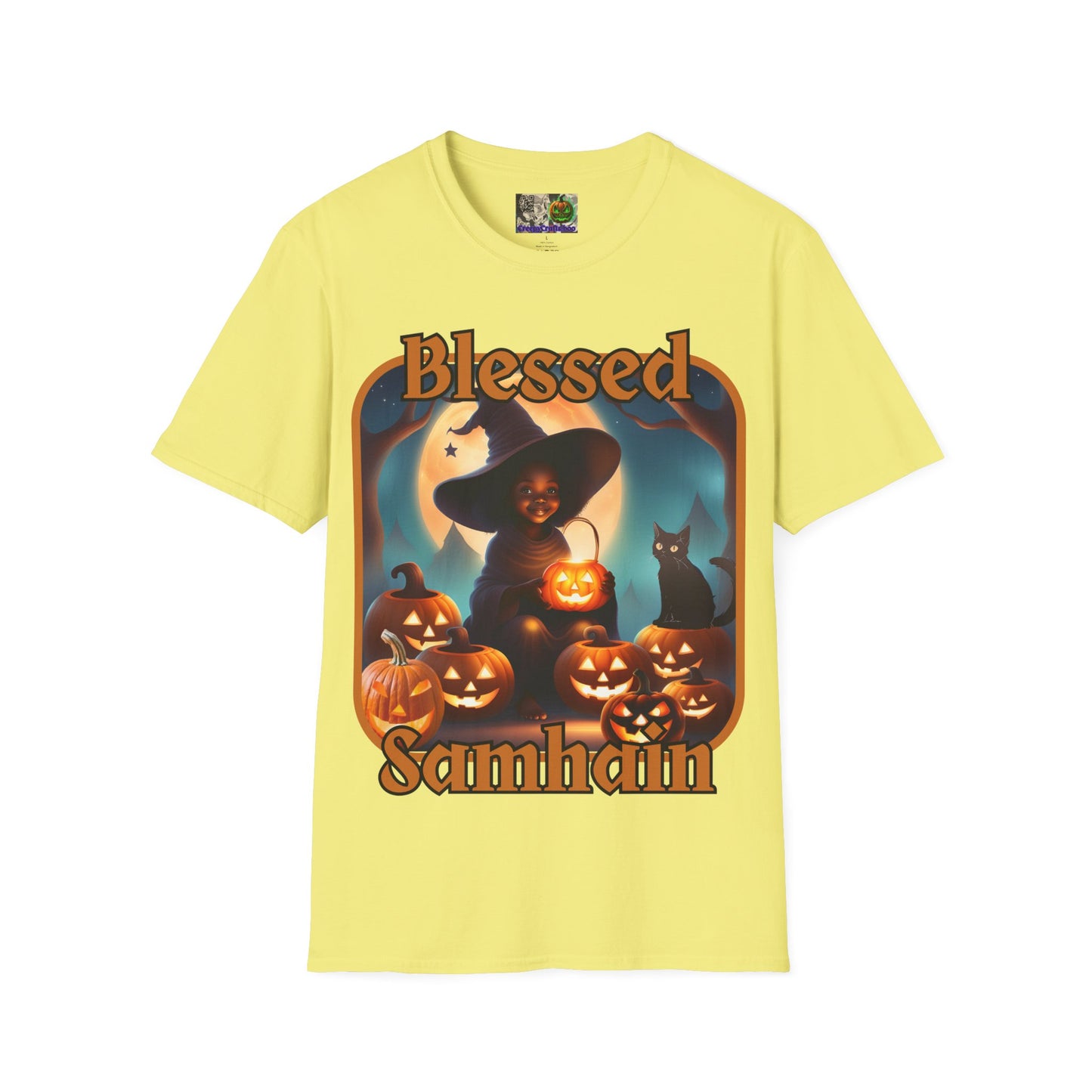 Blessed Samhain Cute Witch Orange font Light colors Unisex T-Shirt by CreepyCrafts.boo