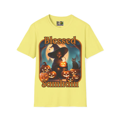 Blessed Samhain Cute Witch Orange font Light colors Unisex T-Shirt by CreepyCrafts.boo