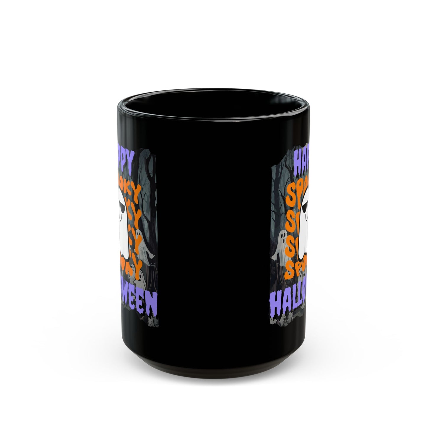 Spooky Happy Halloween Ghost Purple font Black Mug by CreepyCrafts.boo