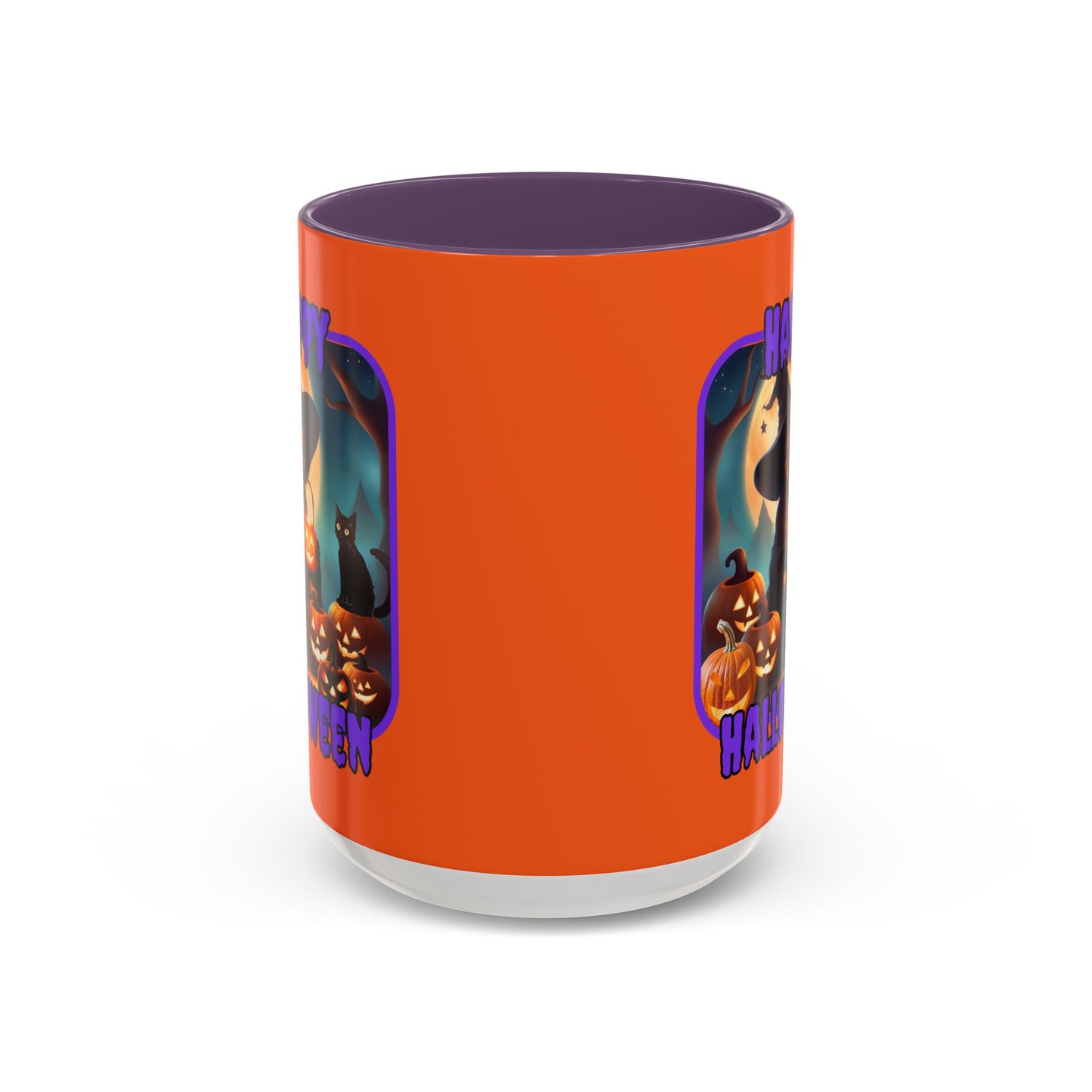 Happy Halloween Cute Witch Purple font Orange Accent Mug by CreepyCrafts.boo
