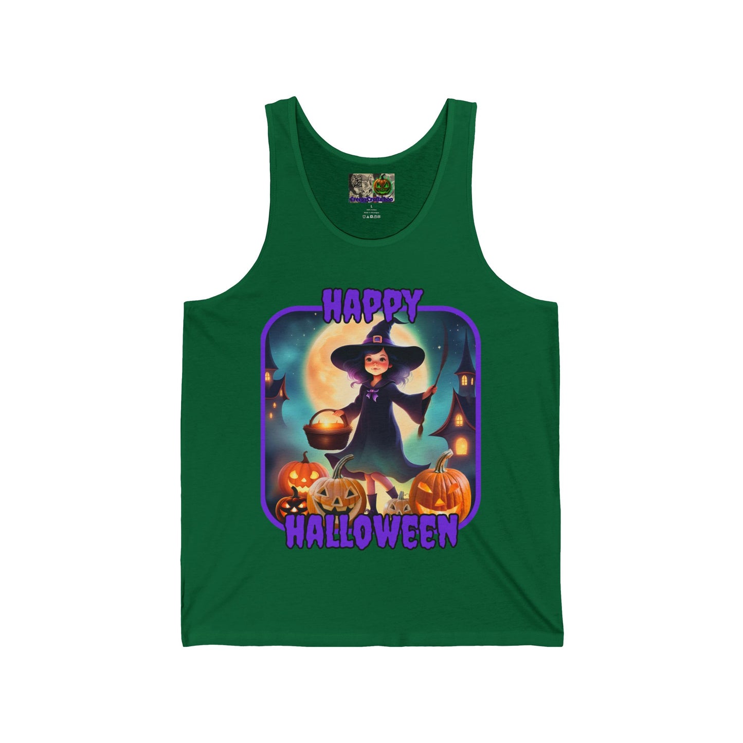 Happy Halloween Little Witch Purple font Unisex Jersey Tank Top by CreepyCrafts.boo