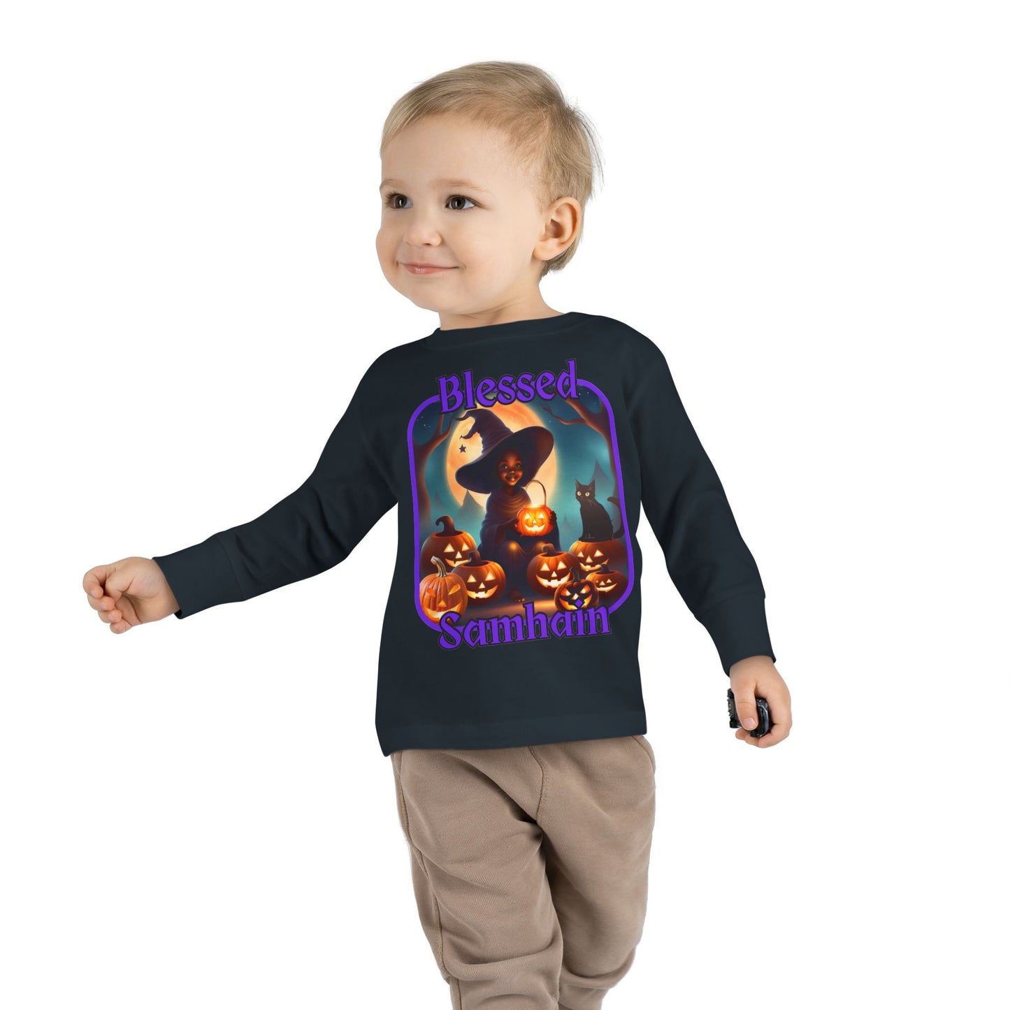 Blessed Samhain Cute Witch Purple font Toddler Long Sleeve Tee by CreepyCrafts.boo
