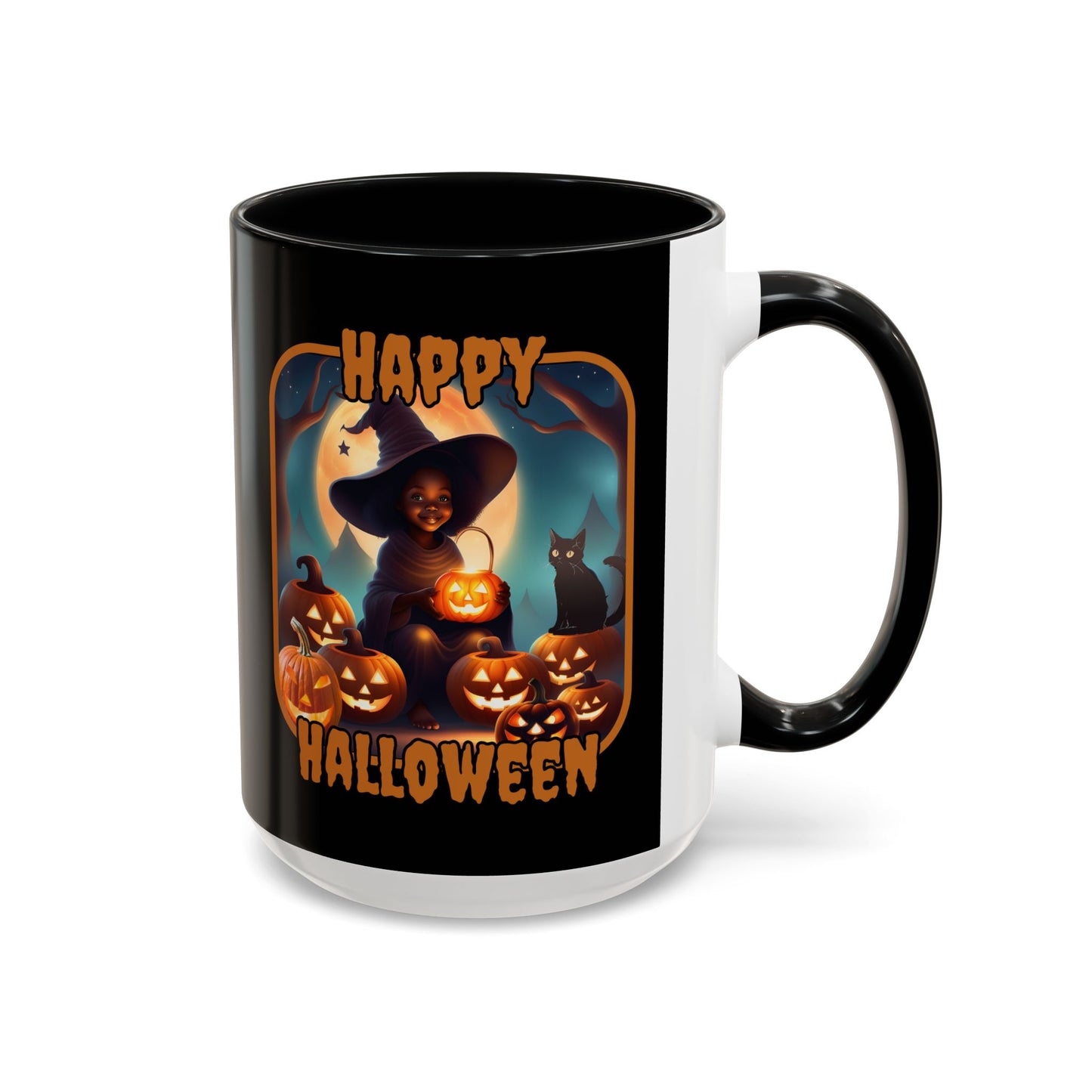 Happy Halloween Cute Witch Orange font Black Accent Mug by CreepyCrafts.boo