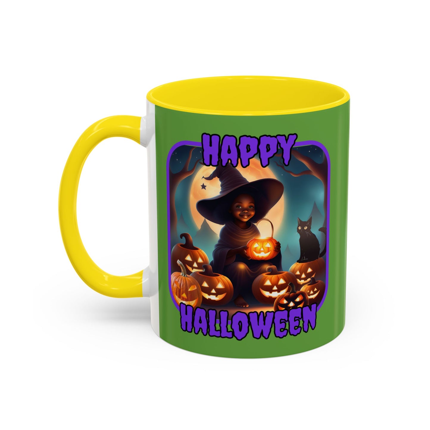 Happy Halloween Cute Witch Purple font Green Accent Mug by CreepyCrafts.boo