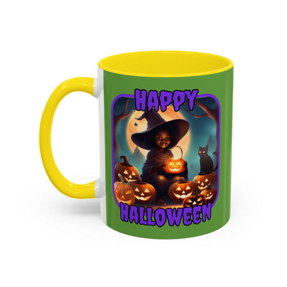 Happy Halloween Cute Witch Purple font Green Accent Mug by CreepyCrafts.boo