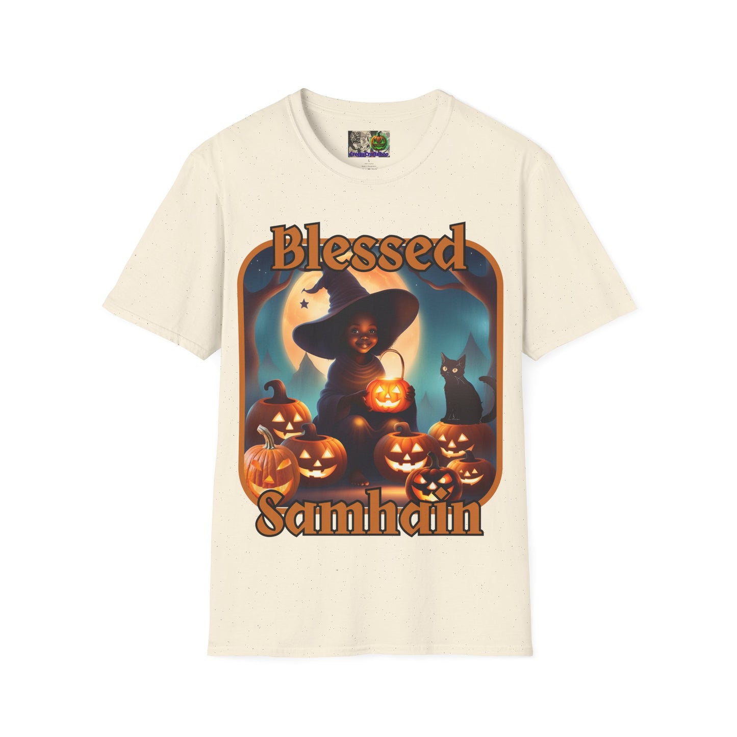 Blessed Samhain Cute Witch Orange font Light colors Unisex T-Shirt by CreepyCrafts.boo