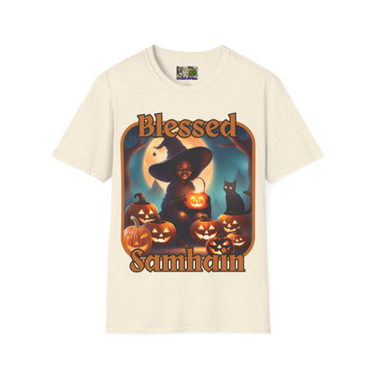 Blessed Samhain Cute Witch Orange font Light colors Unisex T-Shirt by CreepyCrafts.boo