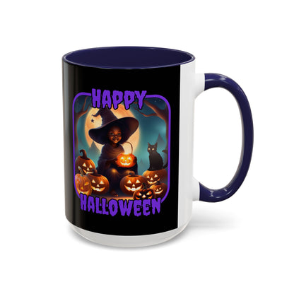 Happy Halloween Cute Witch Purple font Black Accent Mug by CreepyCrafts.boo