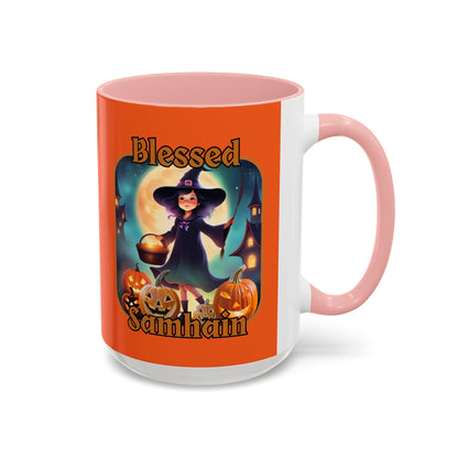 Blessed Samhain Little Witch Orange font Orange Accent Mug by CreepyCrafts.boo