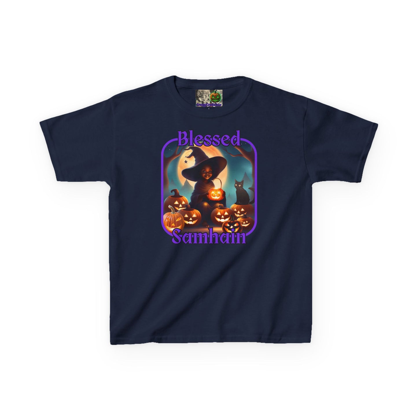 Blessed Samhain Cute Witch Purple font Kids Heavy Cotton™ Tee by CreepyCrafts.boo