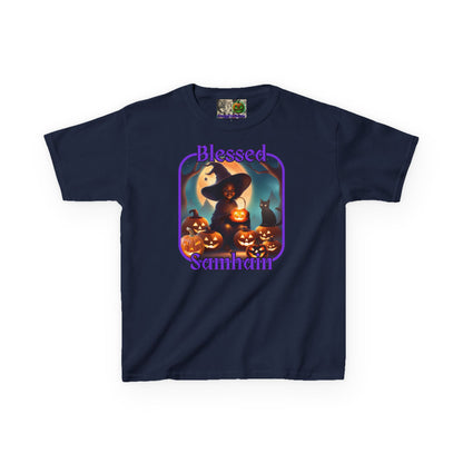 Blessed Samhain Cute Witch Purple font Kids Heavy Cotton™ Tee by CreepyCrafts.boo