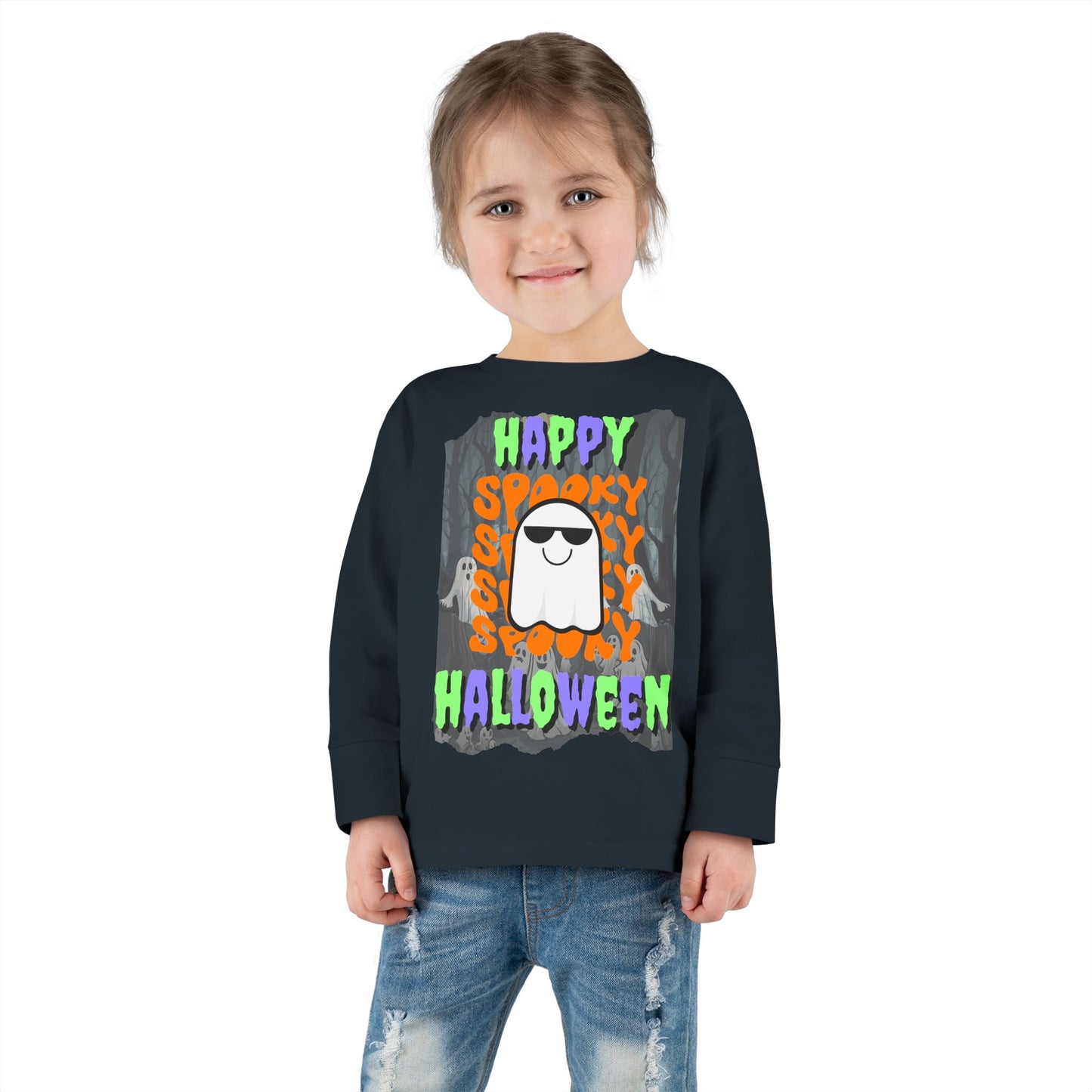 Spooky Happy Halloween Ghost Mixed font Toddler Long Sleeve Tee by CreepyCrafts.boo