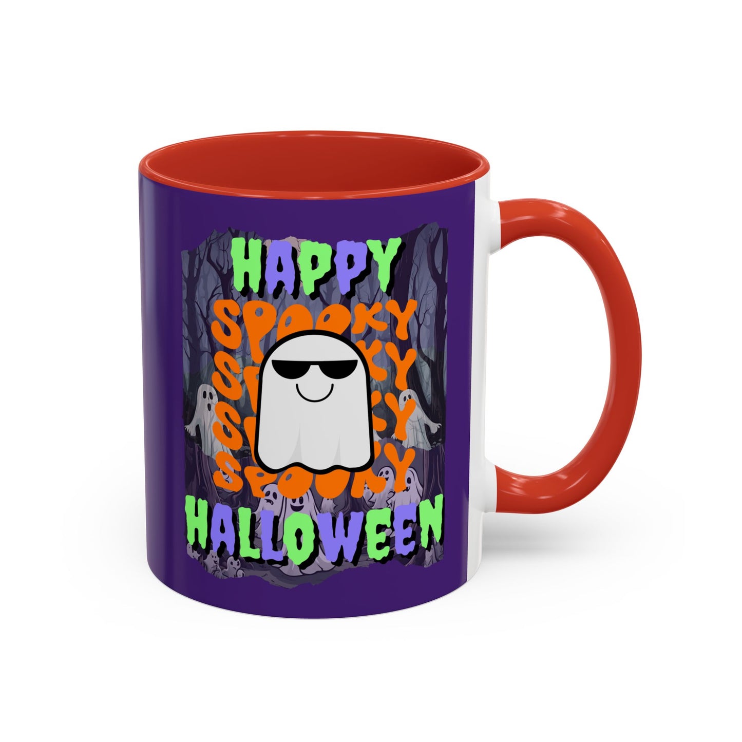 Spooky Happy Halloween Ghost Mixed font Purple Accent Mug by CreepyCrafts.boo