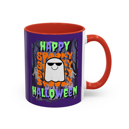 Spooky Happy Halloween Ghost Mixed font Purple Accent Mug by CreepyCrafts.boo