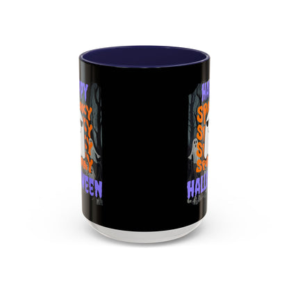 Spooky Happy Halloween Ghost Purple font Black Accent Mug by CreepyCrafts.boo