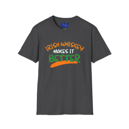 Irish Whiskey makes it better Orange, White, and Green font Dark colors Unisex T-Shirt by cypherpunkgear.com