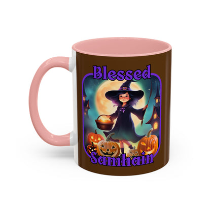 Blessed Samhain Little Witch Purple font Brown Accent Mug by CreepyCrafts.boo