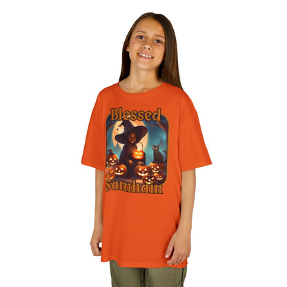 Blessed Samhain Cute Witch Orange font Kids Heavy Cotton™ Tee by CreepyCrafts.boo