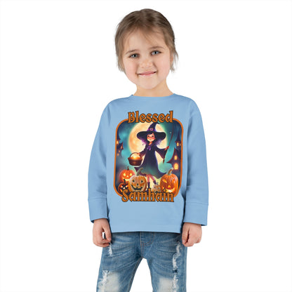 Blessed Samhain Little Witch Orange font Toddler Long Sleeve Tee by CreepyCrafts.boo