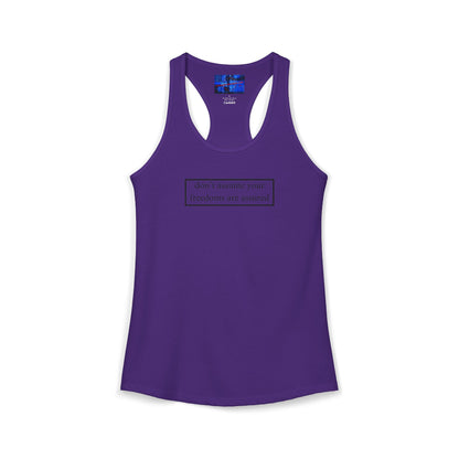 don't assume your freedoms are assured, Black font, Women's Racerback Tank Top by cypherpunkgear.com