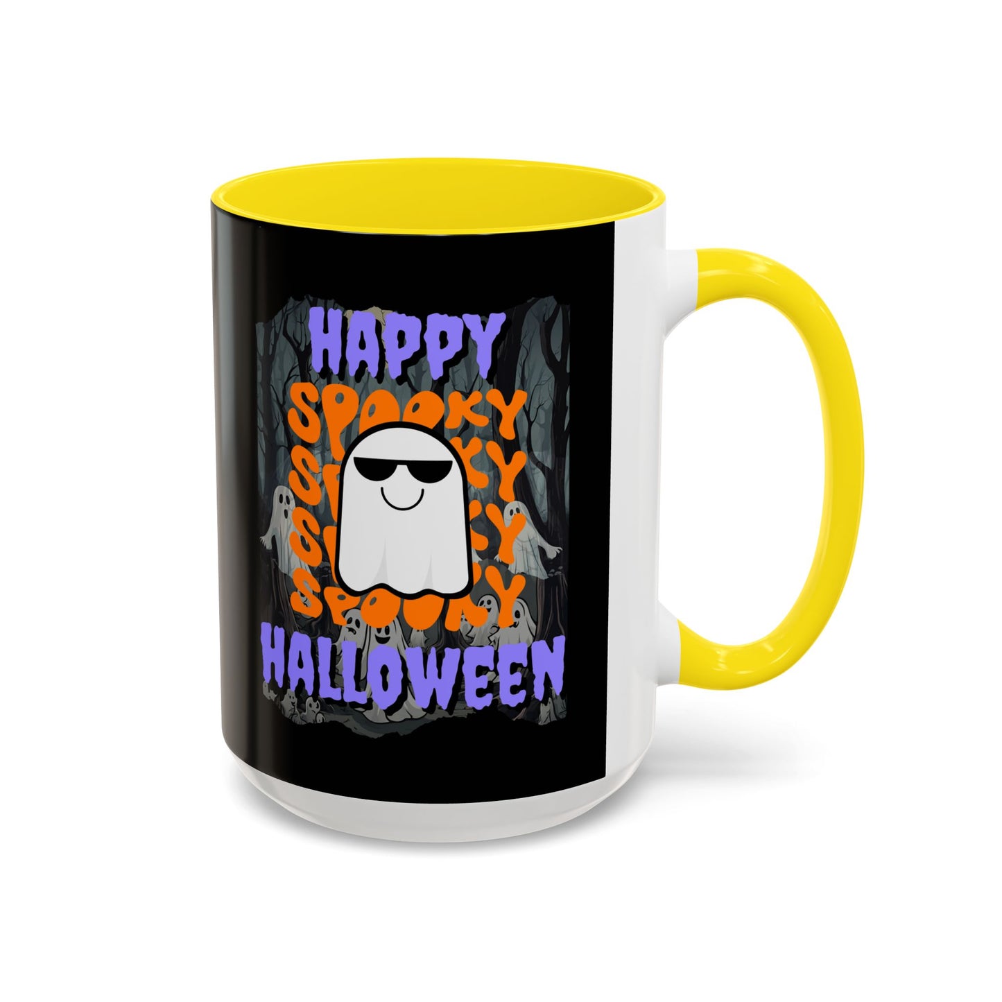 Spooky Happy Halloween Ghost Purple font Black Accent Mug by CreepyCrafts.boo